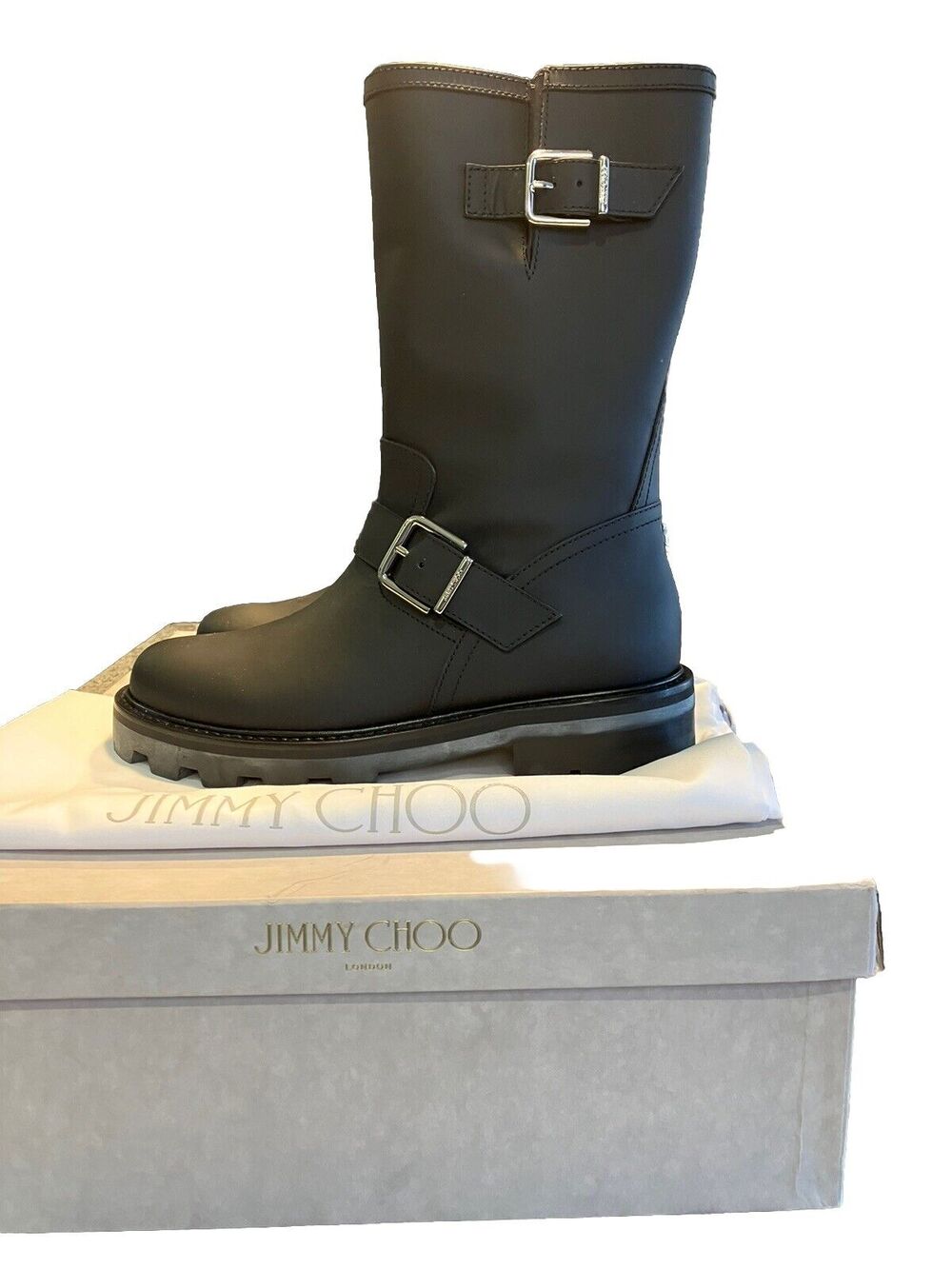 Women’s Jimmy Choo Black Rubberized Leather Biker II Boots Black Size 38